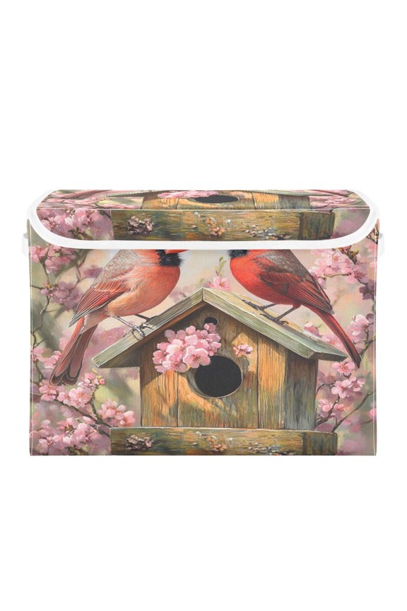Spring Cardinal Bird Large Collapsible Storage Box Flip Lid Fabric Decorative Organizer Container Basket with Handles 16.512.611.8in
