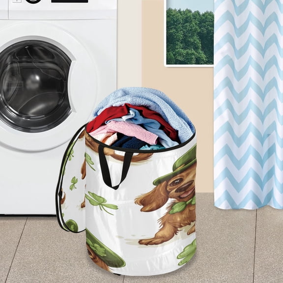 WOBOGO St Patricks Dachshund in A Shamrock Hat Pattern Foldable Laundry Baskets with Carry Handle Zipper Closure Travel Bathroom College Dorm Essentials