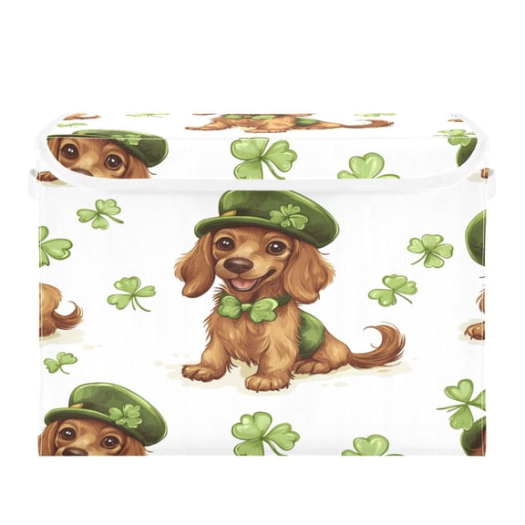 WOBOGO St Patricks Dachshund in A Shamrock Hat Pattern Large Collapsible Storage Box Flip Lid Fabric Decorative Organizer Container Basket with Handles 16.512.611.8in