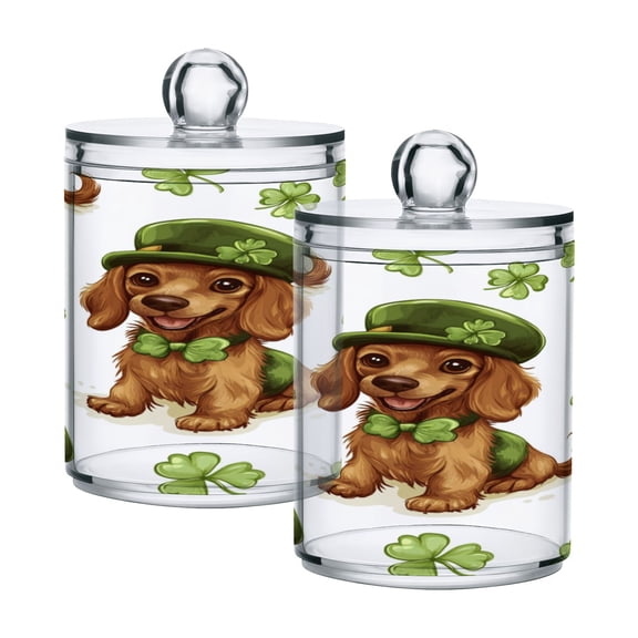 WOBOGO St Patricks Dachshund in A Shamrock Hat Pattern Transparent Plastic Jar 2pcs Cotton Swabs Balls Pads Floss Stick Dispenser Bathroom Vanity Storage Organizer
