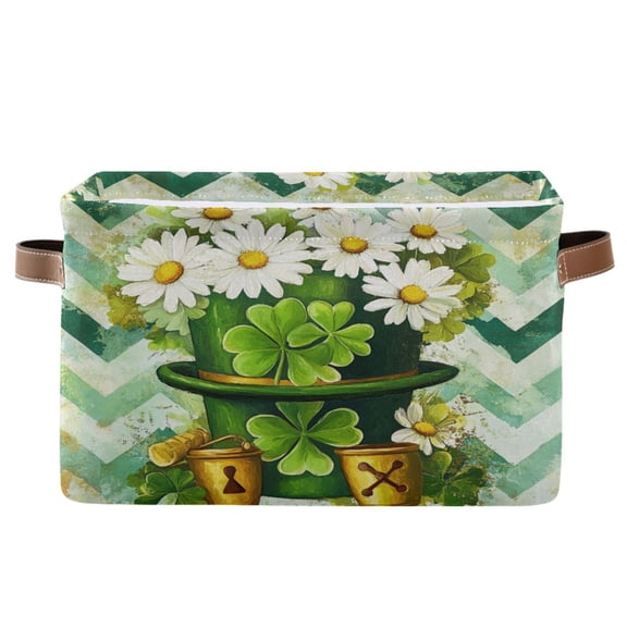 WOBOGO St Patricks Daisies Hat Square Storage Basket with Waterproof Canvas and PE Lining Durable PU Leather Handles 14.2×10.2×8.3in