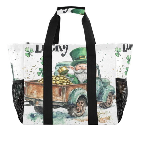 WOBOGO St Patricks Day Lucky Car Tote Shopping Bag Reusable Heavy Duty Durable Foldable Washable 15.4×12.8×9.8in