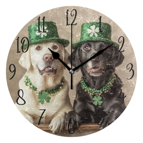 WOBOGO St Patricks Labrador Wall Clock 10in Silent Mechanism Battery Operated Retro Style for Living Room Bedroom and Kitchen Black Pointer
