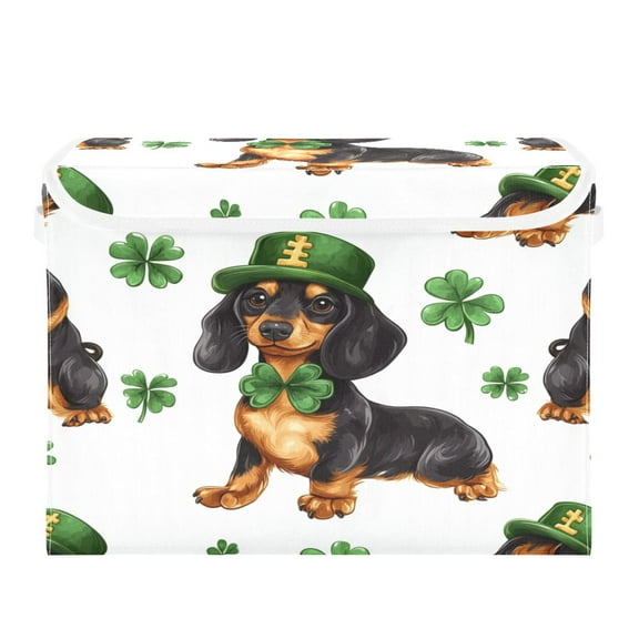 WOBOGO St Patricks Pattern Of Dachshund in A Shamrock Hat Large Collapsible Storage Box Flip Lid Fabric Decorative Organizer Container Basket with Handles 16.512.611.8in