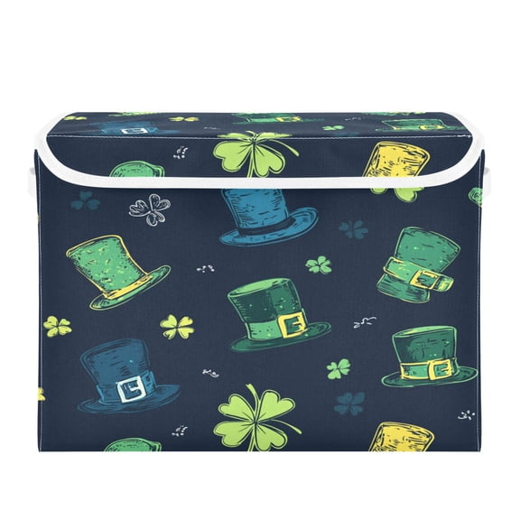 WOBOGO St Patricks Pattern with Hats and Shamrocks Large Collapsible Storage Box Flip Lid Fabric Decorative Organizer Container Basket with Handles 16.512.611.8in