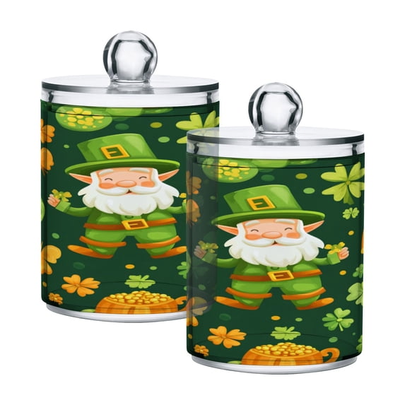 WOBOGO St Patricks Pattern with Leprechaun and Shamrock Transparent Plastic Jar 2pcs Cotton Swabs Balls Pads Floss Stick Dispenser Bathroom Vanity Storage Organizer