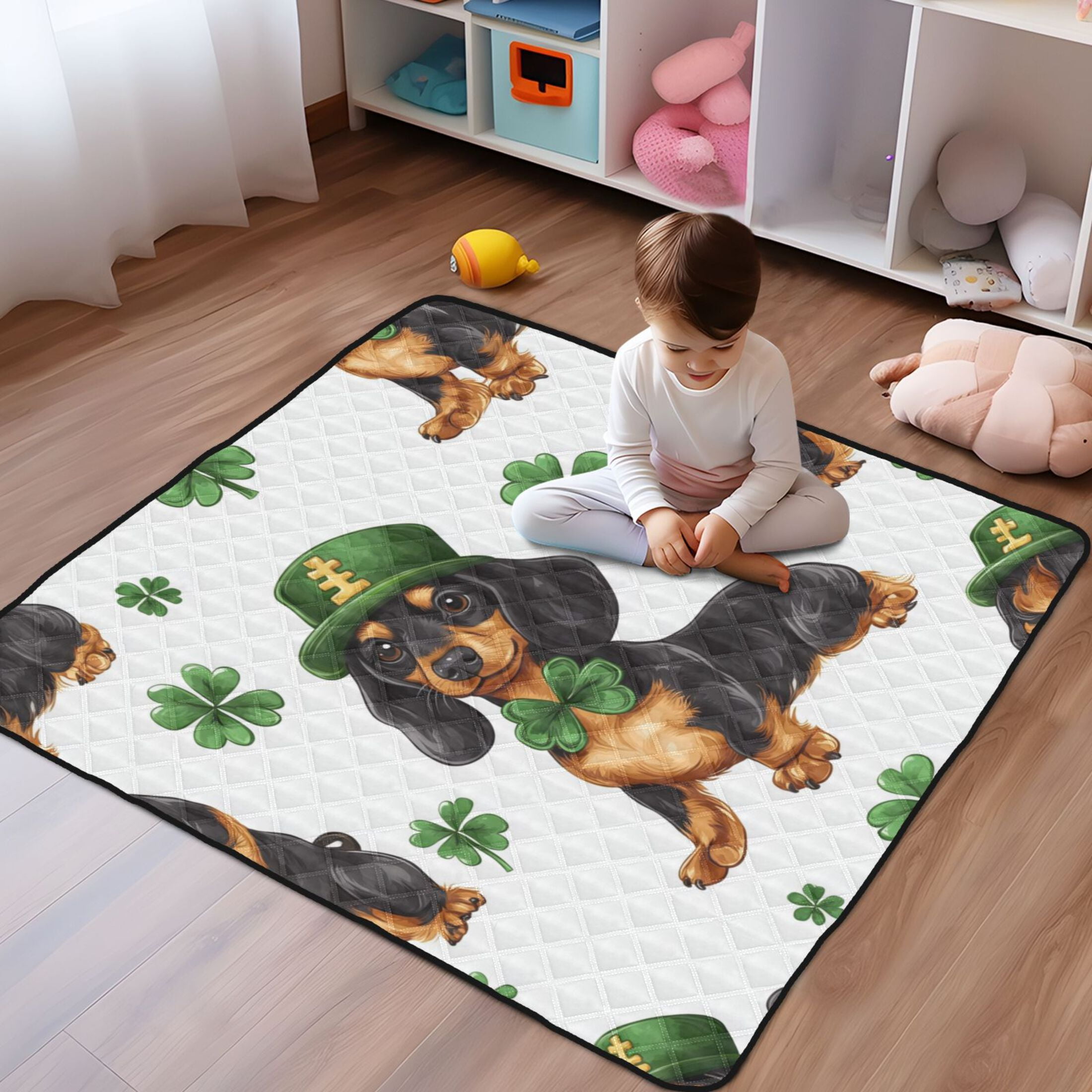 WOBOGO St Patricks Pattern Of Dachshund in A Shamrock Hat Baby Playmats Extra Large Waterproof Rollable Activity Pads for Toddlers 50×50inch