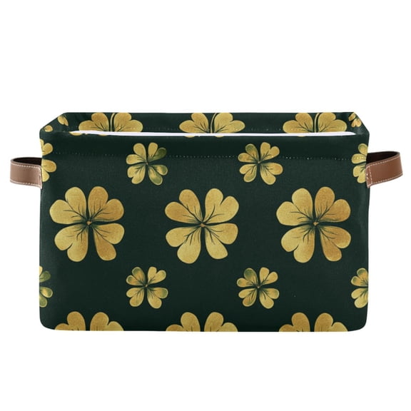 WOBOGO St Patricks Pattern Of Golden Shamrocks Square Storage Basket with Waterproof Canvas and PE Lining Durable PU Leather Handles 14.2×10.2×8.3in