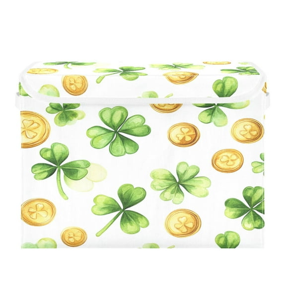 WOBOGO St Patricks Shamrock and Gold Coin Patterns Large Collapsible Storage Box Flip Lid Fabric Decorative Organizer Container Basket with Handles 16.512.611.8in