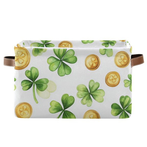 WOBOGO St Patricks Shamrock and Gold Coin Patterns Square Storage Basket with Waterproof Canvas and PE Lining Durable PU Leather Handles 14.2×10.2×8.3in