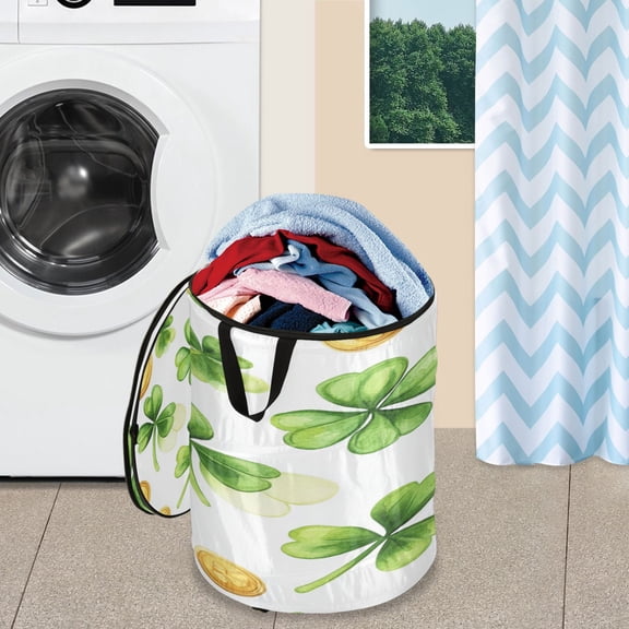 WOBOGO St Patricks Shamrock and Gold Coin Patterns Foldable Laundry Baskets with Carry Handle Zipper Closure Travel Bathroom College Dorm Essentials