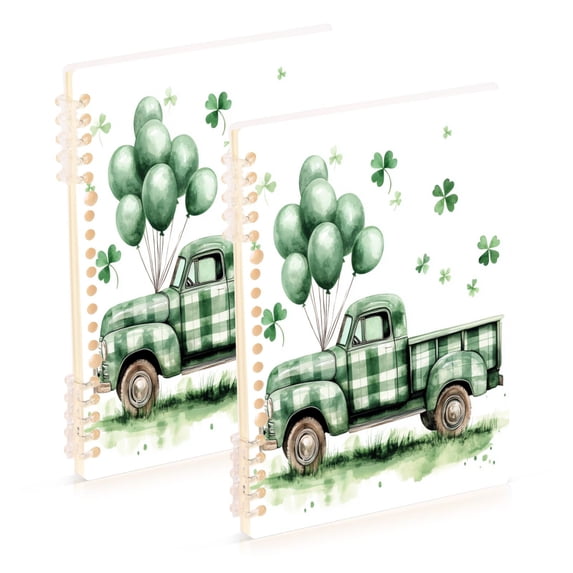WOBOGO St Patricks A Truck with Balloons and Clover Leaves on The Roof Notebook College Horizontal Grid Paper Ink Spill Resistant Water Resistant Cover 8.3x5.7x0.4in