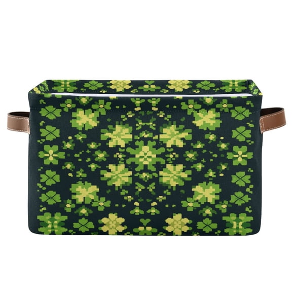 WOBOGO St Patricks Vintage Clover Square Storage Basket with Waterproof Canvas and PE Lining Durable PU Leather Handles 14.2×10.2×8.3in