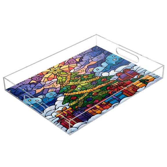 WOBOGO Stained Glass Christmas Tree Acrylic Serving Trays 15.7x11.8 Inch Spill Proof Clear Decorative Organizer with Handle
