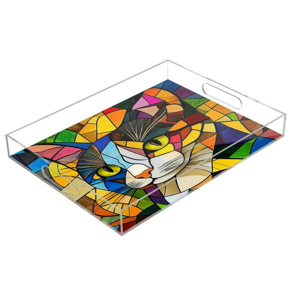 WOBOGO Stained Glass Civet Acrylic Serving Trays 15.7x11.8 Inch Spill Proof Clear Decorative Organizer with Handle