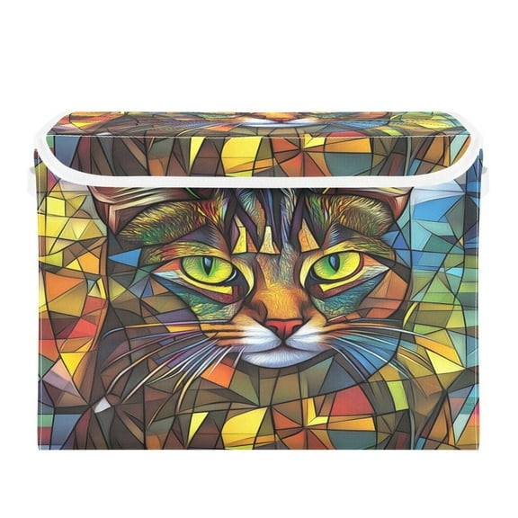 WOBOGO Stained Glass Civet Cat Large Collapsible Storage Box Flip Lid Fabric Decorative Organizer Container Basket with Handles 16.512.611.8in