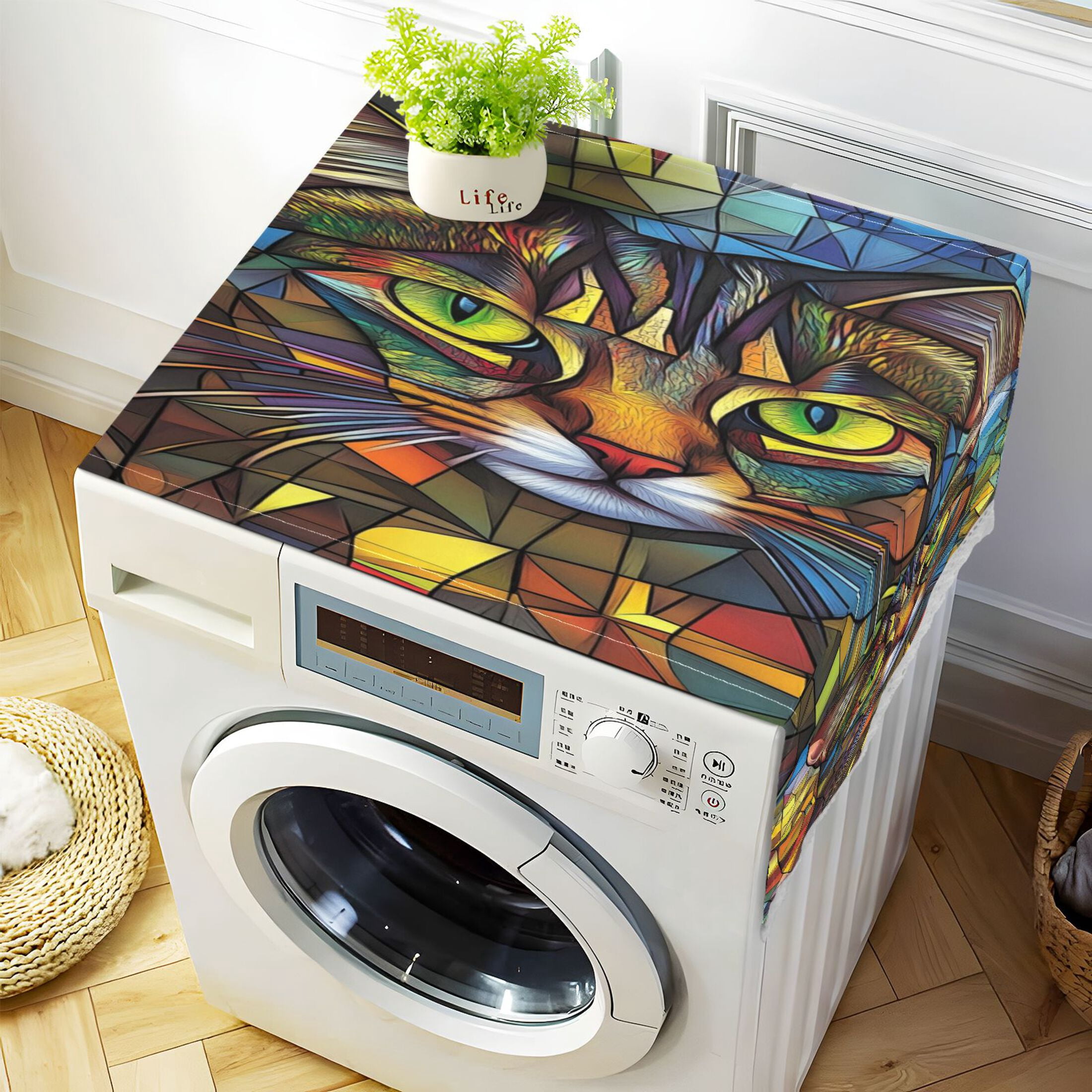 WOBOGO Stained Glass Civet Cat Washing Machine Cloth Dryer Refrigerator Top Cover Protective Non-Slip Mat For Kitchen Laundry