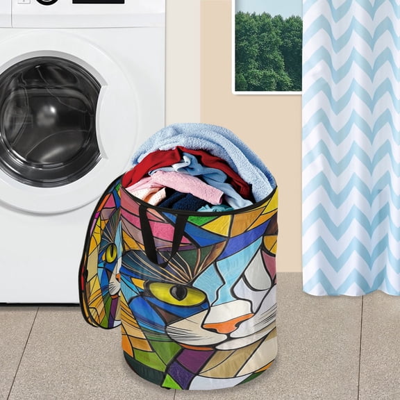 WOBOGO Stained Glass Civet Foldable Laundry Baskets with Carry Handle Zipper Closure Travel Bathroom College Dorm Essentials