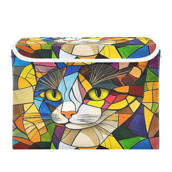 WOBOGO Stained Glass Civet Large Collapsible Storage Box Flip Lid Fabric Decorative Organizer Container Basket with Handles 16.512.611.8in