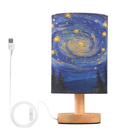 WOBOGO Starry Night Sky with Fireflies Bedroom Table Lamp USB Power Connector Wooden Base Round Linen Shade For Living Room Desk