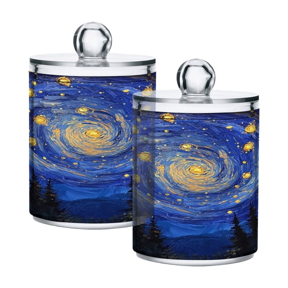WOBOGO Starry Night Sky with Fireflies Transparent Plastic Jar 2pcs Cotton Swabs Balls Pads Floss Stick Dispenser Bathroom Vanity Storage Organizer