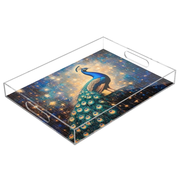 WOBOGO Starry Peacock Acrylic Serving Trays 15.7x11.8 Inch Spill Proof Clear Decorative Organizer with Handle