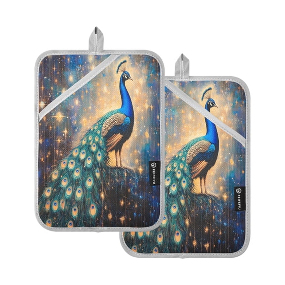 WOBOGO Starry Peacock Oven Mitts 2 Piece Heat Resistant 338 Degrees F Square Insulation Pads for A Wide Range of Cooking Occasions