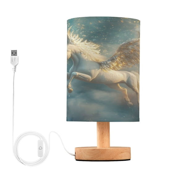 WOBOGO Starry Sky Pegasus Bedroom Table Lamp USB Power Connector Wooden Base Round Linen Shade For Living Room Desk