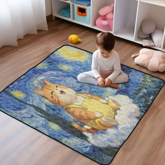 WOBOGO Starry Sky Plump Cat Baby Playmats Extra Large Waterproof Rollable Activity Pads for Toddlers 5050inch