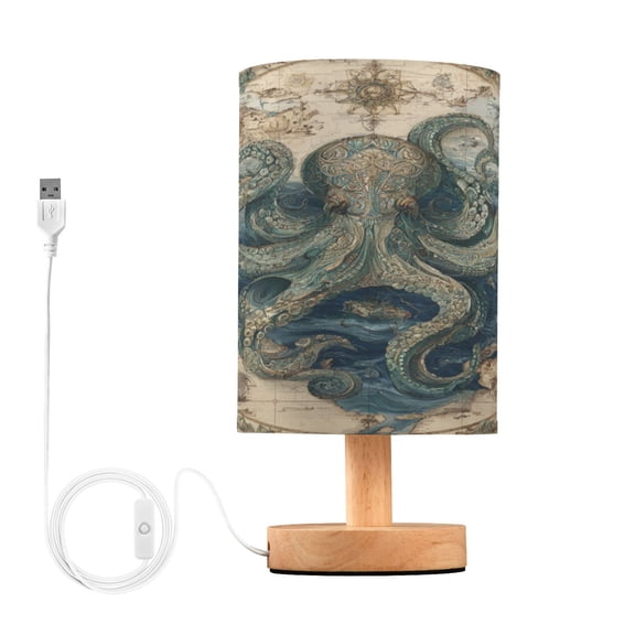 WOBOGO Steam Octopus Bedroom Table Lamp USB Power Connector Wooden Base Round Linen Shade For Living Room Desk