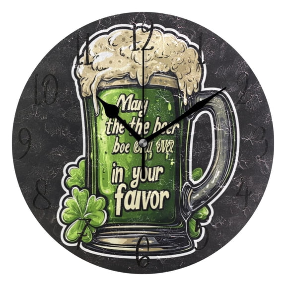 WOBOGO Stpatricks Day Beers Wall Clock 10in Silent Mechanism Battery Operated Retro Style for Living Room Bedroom and Kitchen Black Pointer