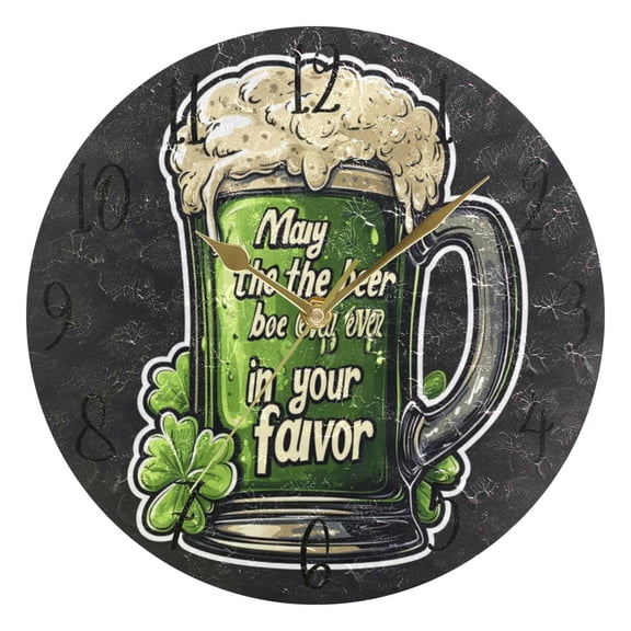 WOBOGO Stpatricks Day Beers Wall Clock 10in Silent Mechanism Battery Operated Retro Style for Living Room Bedroom and Kitchen Gold Pointer