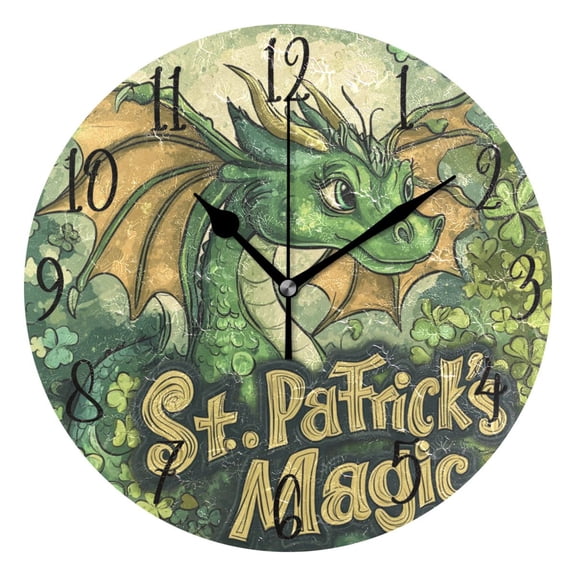 WOBOGO Stpatricks Day Cartoon Dragons Wall Clock 10in Silent Mechanism Battery Operated Retro Style for Living Room Bedroom and Kitchen Black Pointer