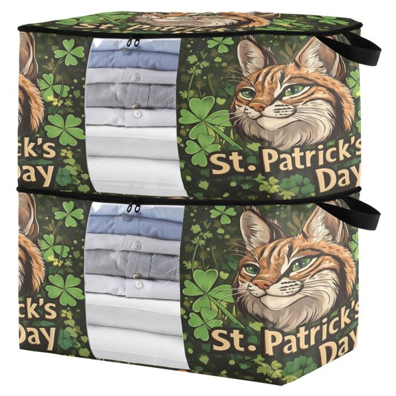 WOBOGO Stpatricks Day Cute Lynx Clothes Storage 2Pack Foldable Thick Fabric Blanket Organizer Bag with Handle 21.65×13.78×12.4in