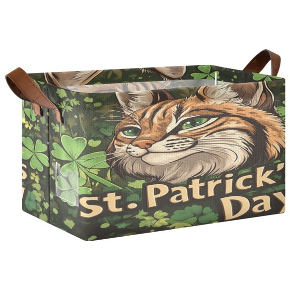 WOBOGO Stpatricks Day Cute Lynx Storage Basket 16.9×11.4×10in Collapsible Oversized with Metal Iron Frame Set of 1