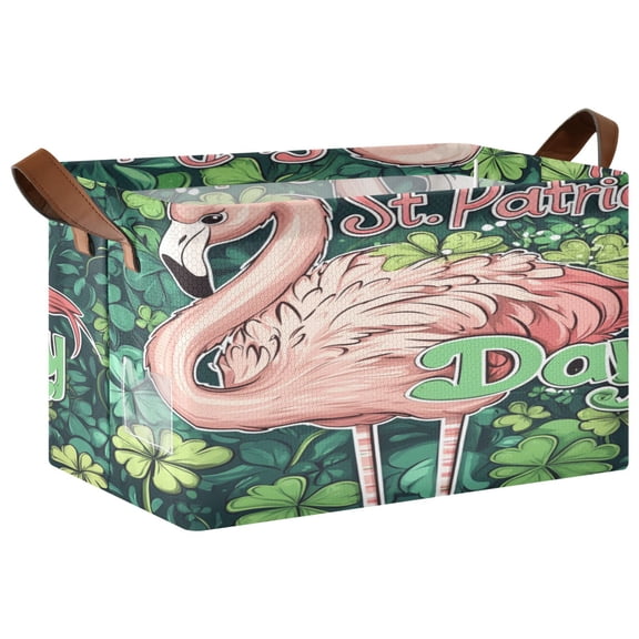 WOBOGO Stpatricks Day Flamingo Storage Basket 16.9×11.4×10in Collapsible Oversized with Metal Iron Frame Set of 1