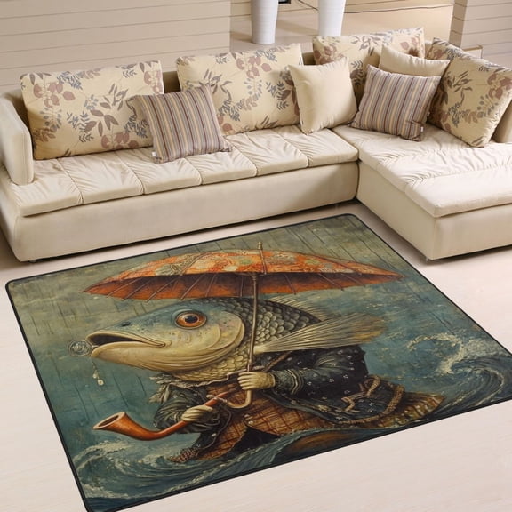 WOBOGO Strange Fish Carpet Non-Slip Rugs Soft Doormat 80×58in Living Dining Room Bedroom Decorative