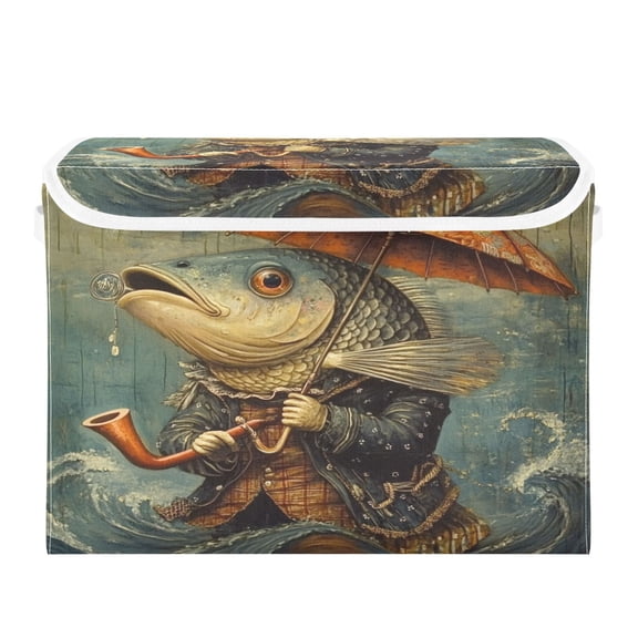 WOBOGO Strange Fish Large Collapsible Storage Box Flip Lid Fabric Decorative Organizer Container Basket with Handles 16.512.611.8in