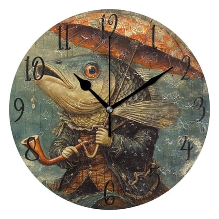 WOBOGO Strange Fish Wall Clock 10in Silent Mechanism Battery Operated Retro Style for Living Room Bedroom and Kitchen Black Pointer