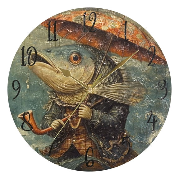 WOBOGO Strange Fish Wall Clock 10in Silent Mechanism Battery Operated Retro Style for Living Room Bedroom and Kitchen Gold Pointer