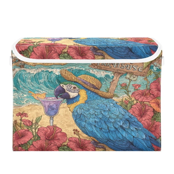 WOBOGO Straw Hat Parrot Large Collapsible Storage Box Flip Lid Fabric Decorative Organizer Container Basket with Handles 16.512.611.8in