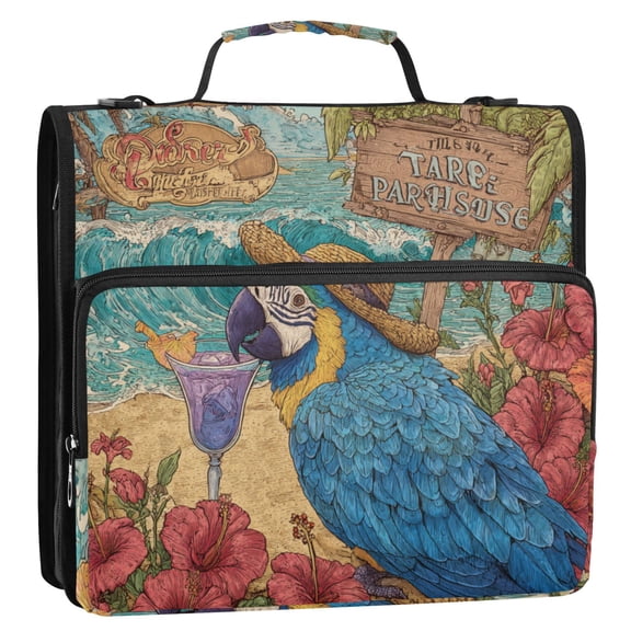 WOBOGO Straw Hat Parrot Ring Binder Bag 1.5in Folder Organizer with Shoulder Strap for 13Inch Laptop and 500 Sheets of Paper