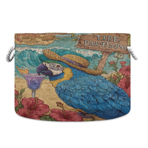 WOBOGO Straw Hat Parrot Toy Storage Basket 2014in Canvas Laundry Hamper for Living Room Kids Room Bathroom Organizer