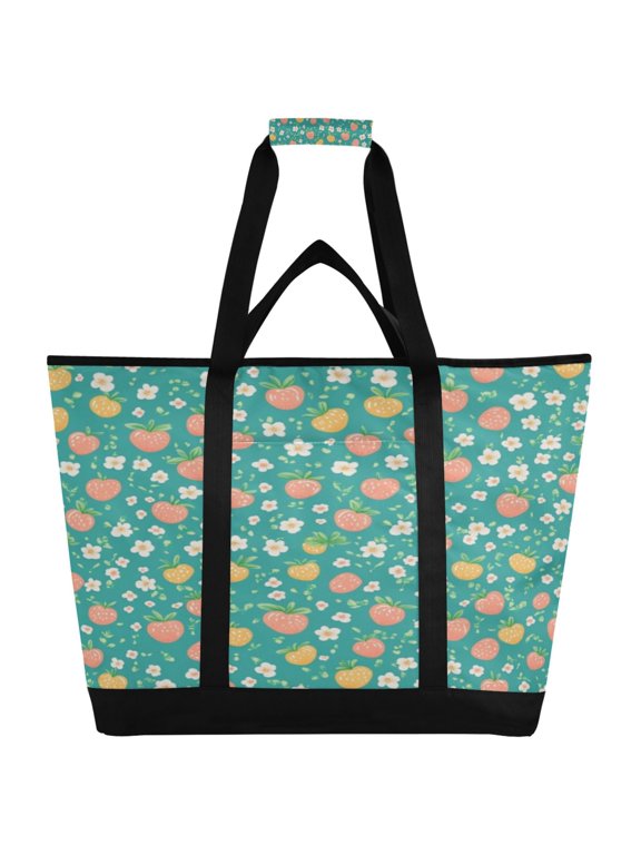 Strawberries Flowers Pattern Tote Cooler Bag Fold Flat Insulated Shopping Bag With Zipper For Work Picnic Beach Use 186.724in