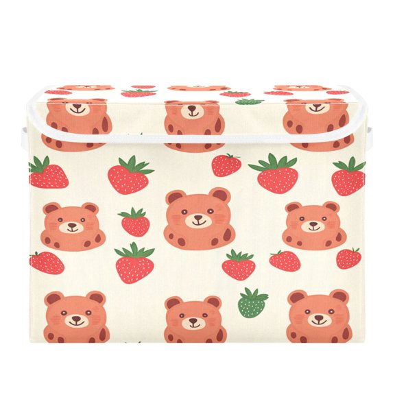 WOBOGO Strawberry Bear Large Collapsible Storage Box Flip Lid Fabric Decorative Organizer Container Basket with Handles 16.512.611.8in