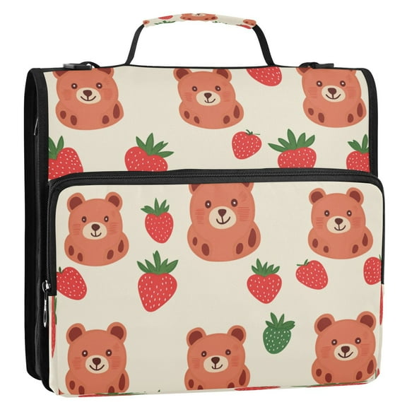 WOBOGO Strawberry Bear Ring Binder Bag 1.5in Folder Organizer with Shoulder Strap for 13Inch Laptop and 500 Sheets of Paper