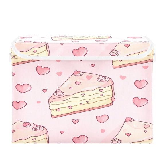 WOBOGO Strawberry Flavored Heart Cake Pattern Large Collapsible Storage Box Flip Lid Fabric Decorative Organizer Container Basket with Handles 16.512.611.8in