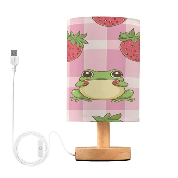WOBOGO Strawberry Frog Pattern Bedroom Table Lamp USB Power Connector Wooden Base Round Linen Shade For Living Room Desk
