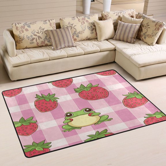 WOBOGO Strawberry Frog Pattern Carpet Non-Slip Rugs Soft Doormat 36×24in Living Dining Room Bedroom Decorative