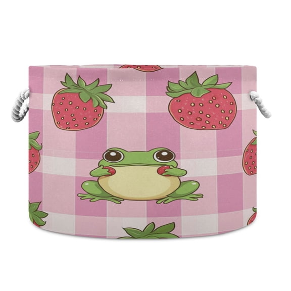 WOBOGO Strawberry Frog Pattern Toy Storage Basket 2014in Canvas Laundry Hamper for Living Room Kids Room Bathroom Organizer